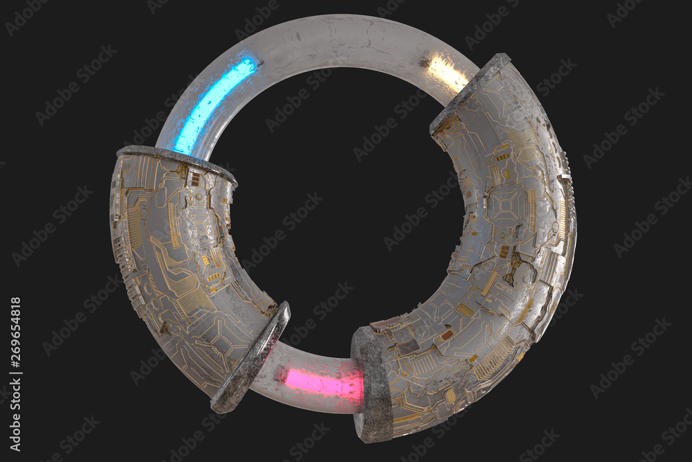 Poster 3d rendering, scientific mechanical ring in the outer space.