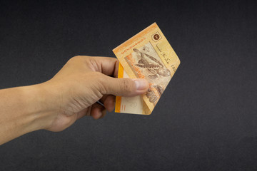 Hand holding Malaysia Ringgit MYR Currency Bank Notes. Selective focus