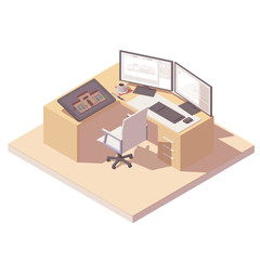 Vector isometric graphic designer studio or home office workspace. Illustration with desk, pc, graphic tablet and office chair