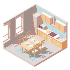 Vector isometric kitchen room icon. Illustration includes kitchen appliances and furniture