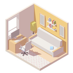 Vector isometric room cutaway icon. Illustration with table, computer, office chair, sofa and other furniture