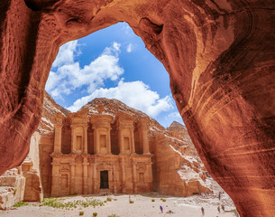 The Treasury  through a cave opening at Petra Ruins in Jordan