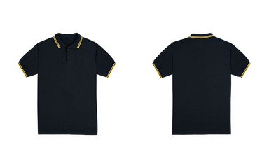 Blank plain polo shirt black with stripe yellow color isolated on white background. bundle pack polo shirt front and back view. ready for your mock up design project.