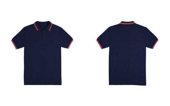 Blank plain polo shirt blue navy color with orange stripe isolated on white  background. bundle pack polo shirt front and back view. ready for your mock  up design project. Stock Photo