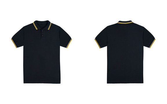 Blank plain polo shirt black with stripe yellow color isolated on white background. bundle pack polo shirt front and back view. ready for your mock up design project.