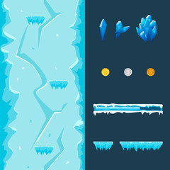 Cartoon game ice cave level generator: seamless vertical background, platforms, coins, gems, progress bar isolated on dark background. Vector template for cave landscapes.