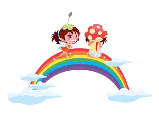 beautiful magic fairy and fungu elf with rainbow scene
