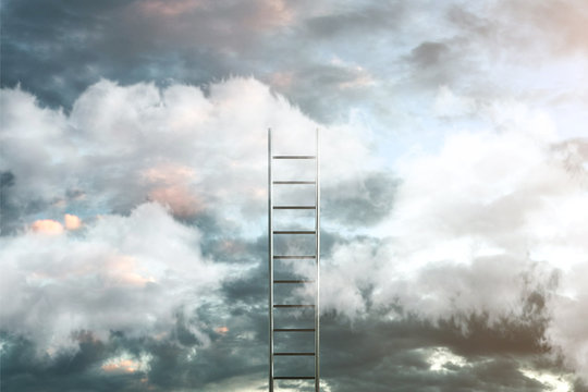 Ladder on clouds with sky background - Way to success concept. 3d illustration