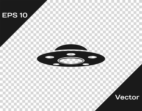 Grey UFO flying spaceship icon isolated on transparent background. Flying saucer. Alien space ship. Futuristic unknown flying object. Vector Illustration