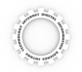 Technology relative words on the gear. Concept in industrial design. 3D rendering