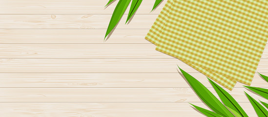 Scottish or tartan pattern printed napkins with pandan leaves on rustic wooden background. Table setting with space for text. Top view flat lay design vector illustration.