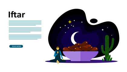 Ramadan mubarak greeting concept with people character for banner, presentation, web landing page template, poster, social, and print media. islamic eid fitr or adha flat design vector illustration