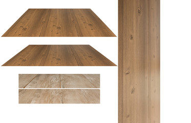 wooden tables of different varieties and shades and slopes of the surface on an isolated white background
