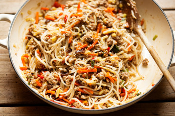 Chinese pork noodle stir fry with egg noodles and vegetables