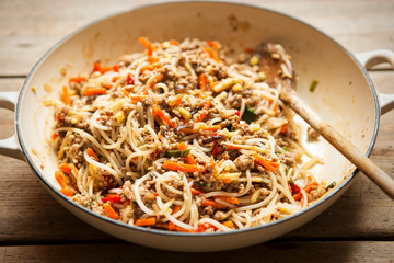 Chinese pork noodle stir fry with egg noodles and vegetables