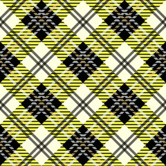 Seamless tartan plaid pattern. Fabric texture checkered design. Yellow dark black stripes on vivid white background eps10
