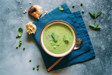 Green pea cream soup with mint. Vegetarian healthy soup