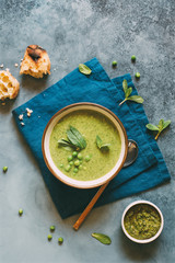 Green pea cream soup with mint. Vegetarian healthy soup