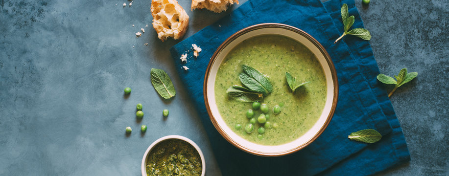 Green pea cream soup with mint. Vegetarian healthy soup