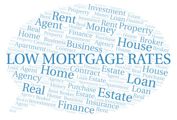Low Mortgage Rates word cloud. Wordcloud made with text only.