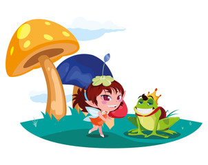 beautiful magic fairy with toad prince in the garden