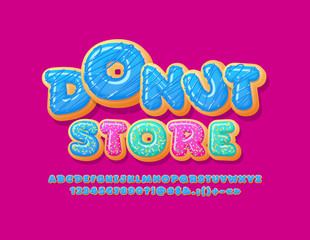 Fototapeta na wymiar Vector colorful sign Donut Store with tasty Font. Blue sweet Alphabet Letters, Numbers and Symbols 