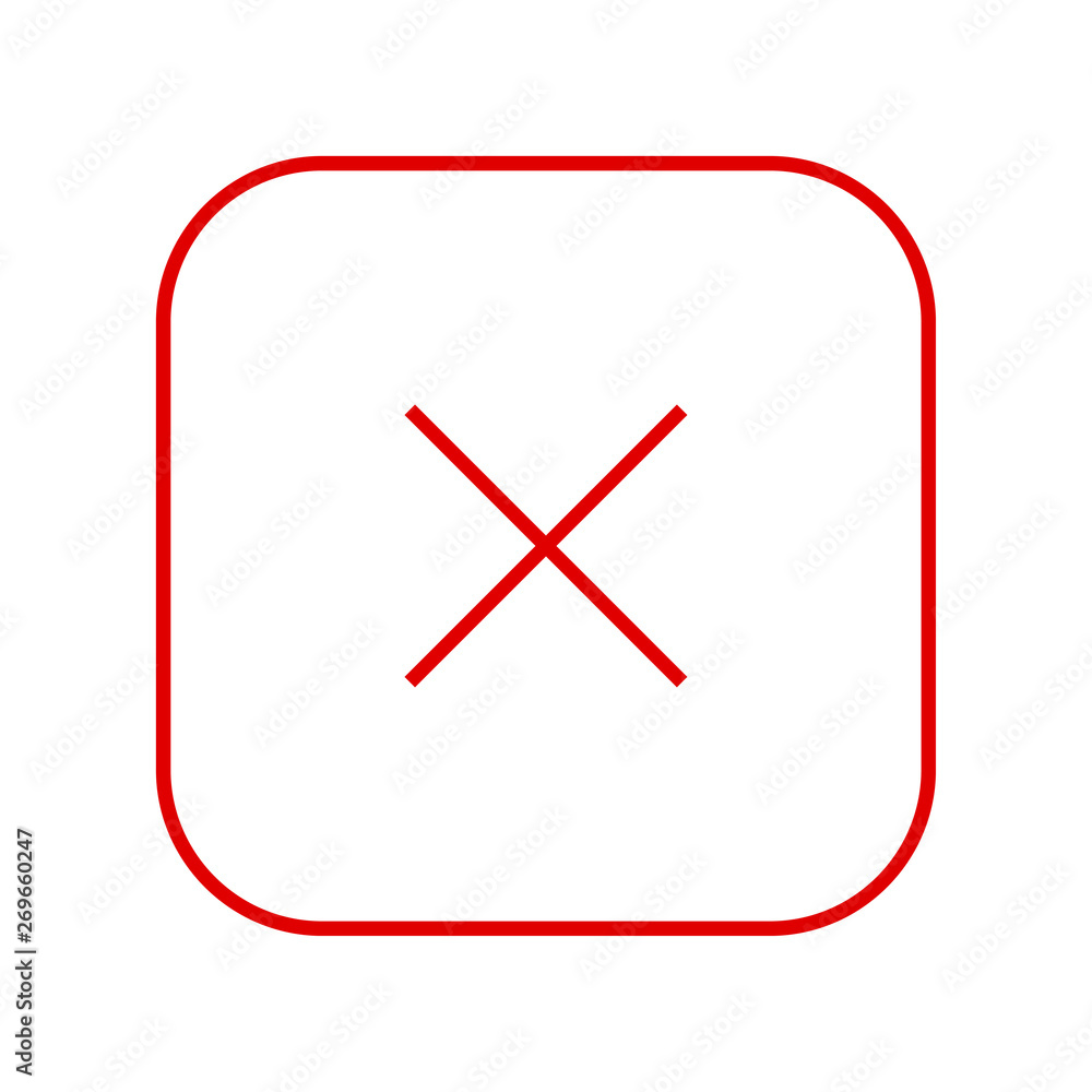 Poster square red thin line x mark icon, button, cross symbol isolated on white background