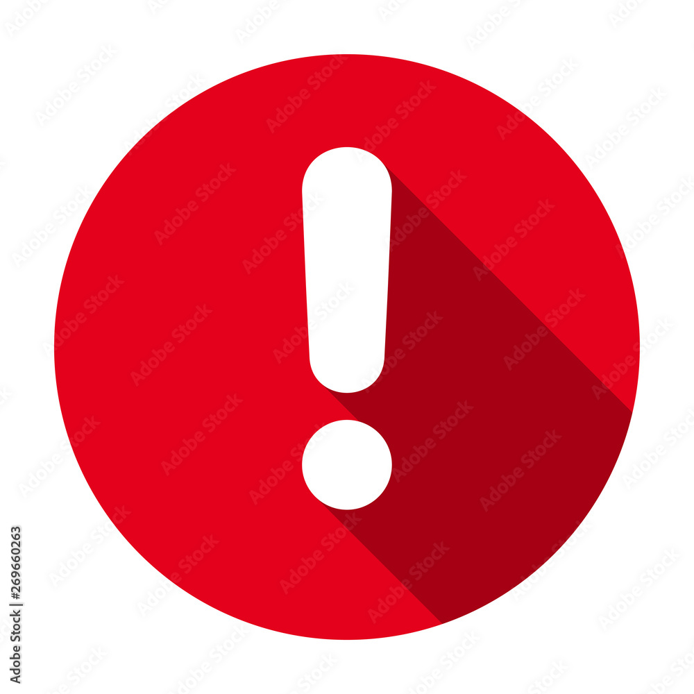 Poster flat round red exclamation point icon, button, attention symbol isolated on white background