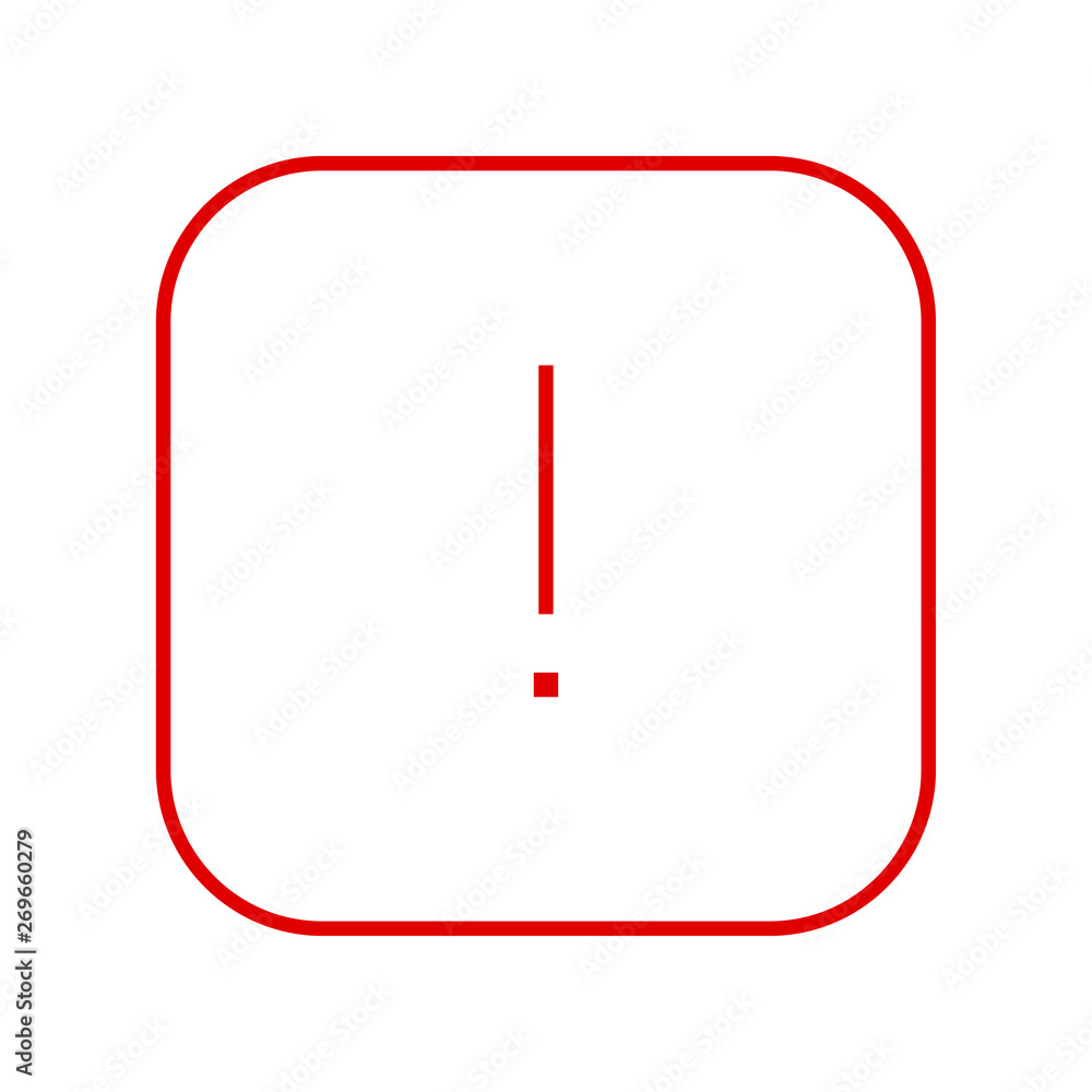 Poster square red thin line exclamation point icon, button, attention symbol isolated on white background