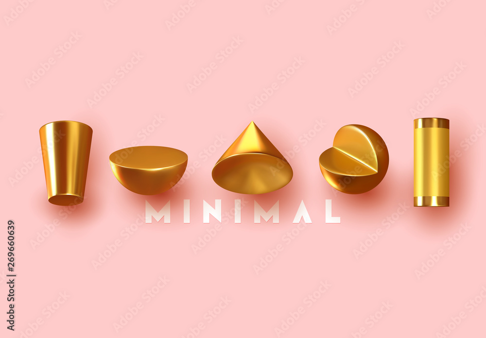 Poster golden geometric objects abstract background with shapes 3d.