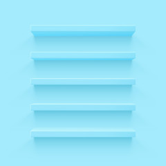 Blue 3d shelf on the wall. Wooden horizontal realistic empty shelf