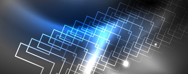 Shiny neon techno template. Neon lines background, 80s style laser rays