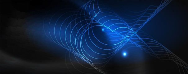 Shiny neon techno template. Neon lines background, 80s style laser rays