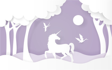 Unicorn in the forest with birds flying on violet background. vector illustration, paper art style