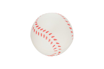Single new clean small rubber toy in form of baseball ball isolated on white background. Top view. Clipping path