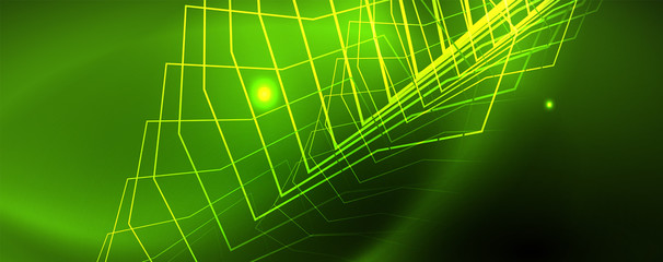 Techno glowing background, futuristic dark template with neon light effects and simple forms, vector