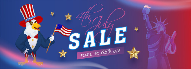 4th Of July Sale header or banner design with 65% discount offer, Statue of liberty and Eagle cartoon character. © Abdul Qaiyoom