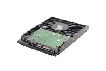 Single metal hard drive for personal computer or notebook with sockets and circuit isolated on white background