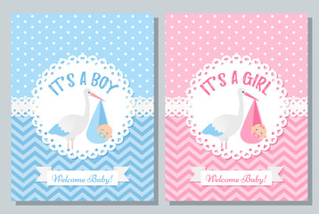 Baby Shower invite card. Vector Baby boy, girl design. Cute blue, pink banner. Birth party background. Happy greeting poster. Welcome template invitation with newborn kid, stork. Cartoon illustration.