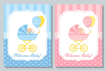 Baby card. Vector. Baby Shower boy and girl invite banner. Blue, pink design invitation. Cute birth party background. Welcome template. Happy greeting poster with newborn kid, pram. Flat illustration.