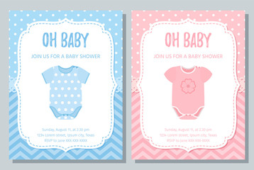 Baby Shower invite card. Vector. Baby boy and girl blue pink design. Welcome template invitation banner. Birth party background. Happy greeting holiday poster with onesie. Flat illustration.