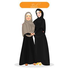 Character of cheerful Muslim women hugging each other and wearing islamic traditional cloth for Eid Mubarak Celebration.