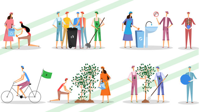 Cartoon character of people holding recycle bin. Concept of Stop Plastic Pollution, Save Environment and Plant Trees. header or banner design.