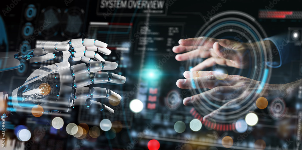 Poster robot hand and human hand touching digital graph interface 3d rendering