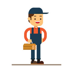 Man character avatar icon.Plumber male character standing holding tool box