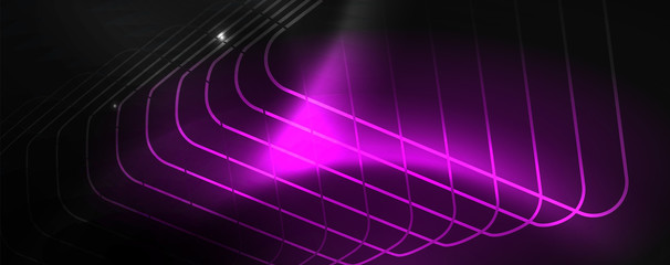 Shiny neon techno template. Neon lines background, 80s style laser rays