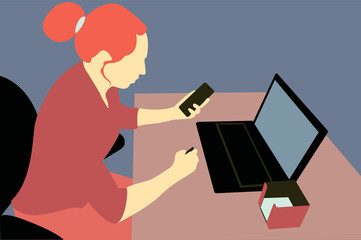 Fototapeta na wymiar business woman at the computer. color vector illustration