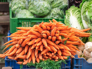Close up view on fresh vegetables at a market