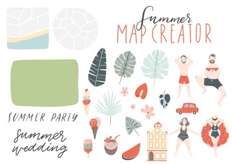 Summer map and card creator elements. Collection of scrapbooking elements for beach party, wedding invitation, poster, banner etc.
