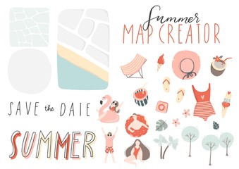 Fototapeta premium Summer map and card creator elements. Collection of scrapbooking elements for beach party, wedding invitation, poster, banner etc.